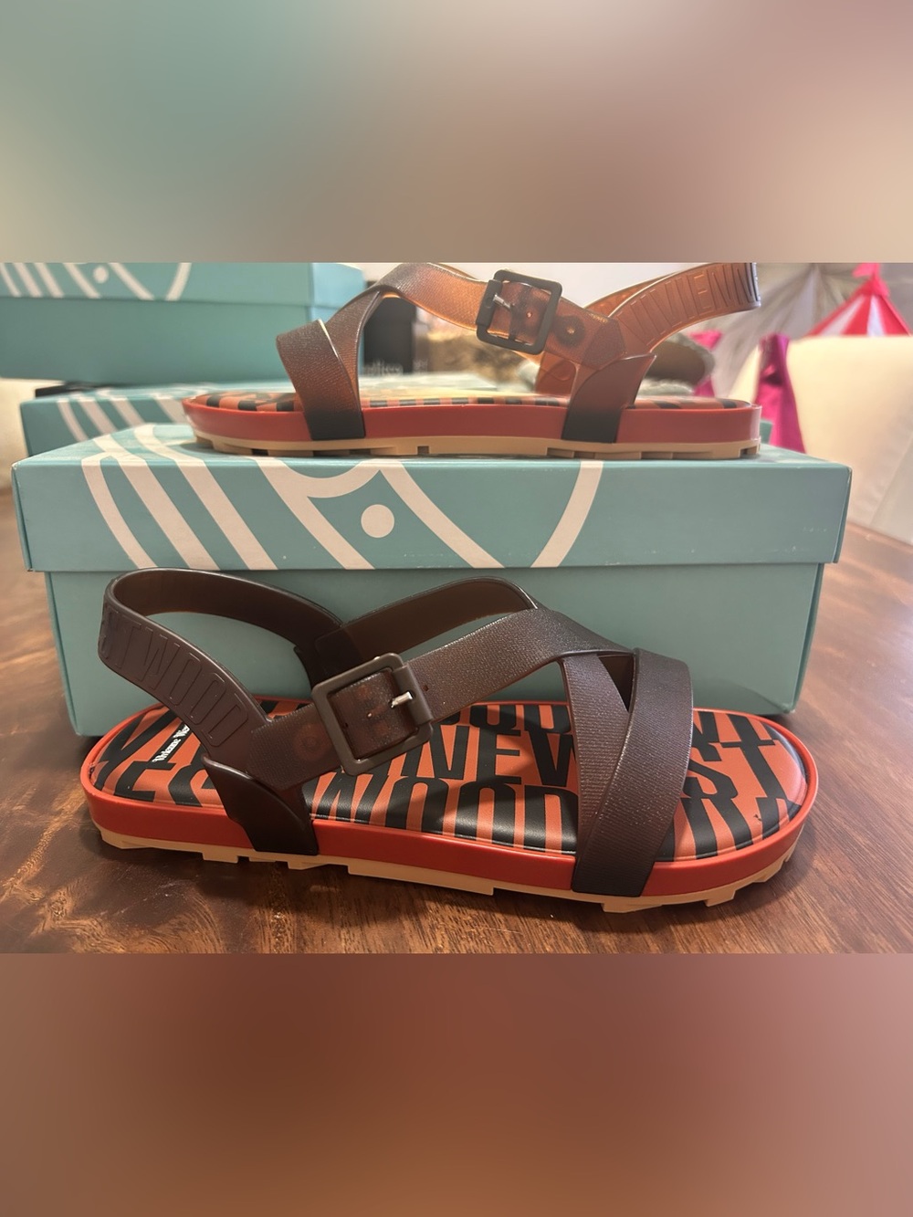 Melissa Vivienne Westwood Brown & Tan Logo-Print Strappy Sandals anglomania Nwt